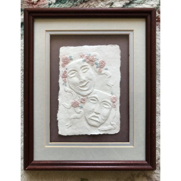 Theater Masks - Vintage Framed Hand Cast Paper Artwork - Figi Graphics - Signed - Picture 1 of 9